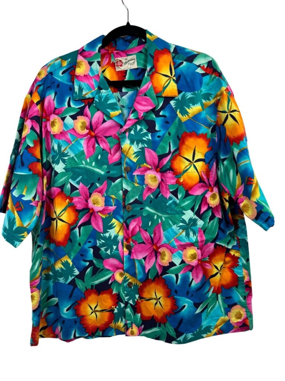 Vintage Hilo Hattie Mens Hawaiian Shirt size XXL Bright Floral Hawaiian Cotton